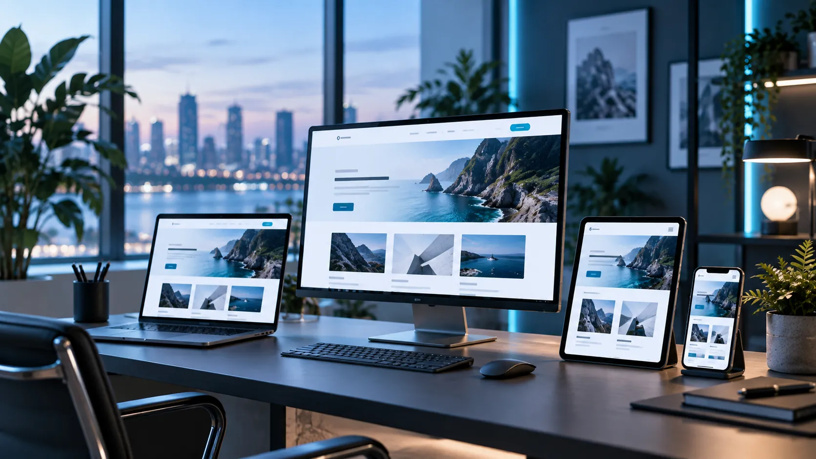 Arbeitsplatz am Abend: dieselbe Website auf Monitor, Laptop, Tablet und Smartphone